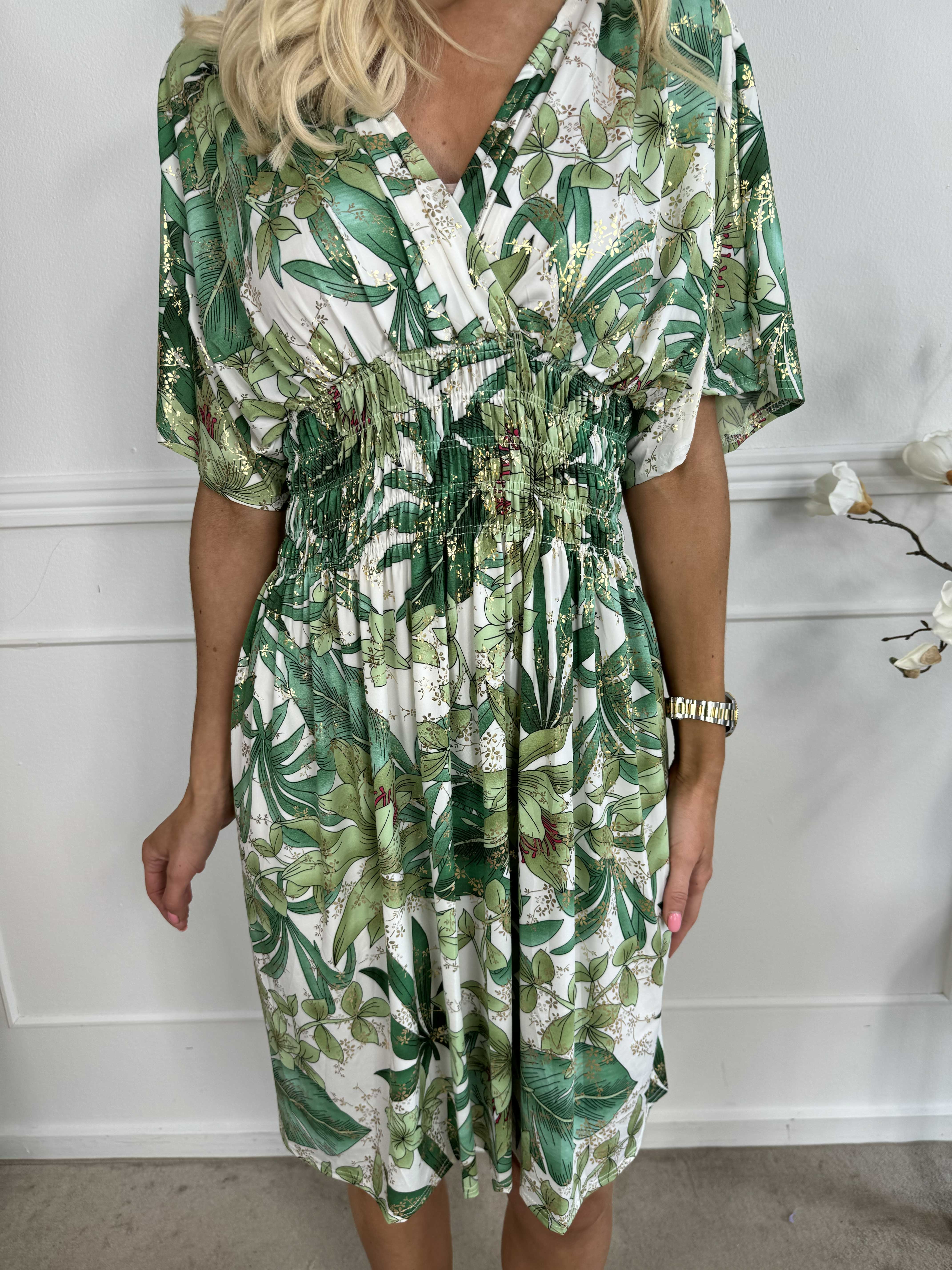 Pams Short S/S - Blommig klänning med resår och smock